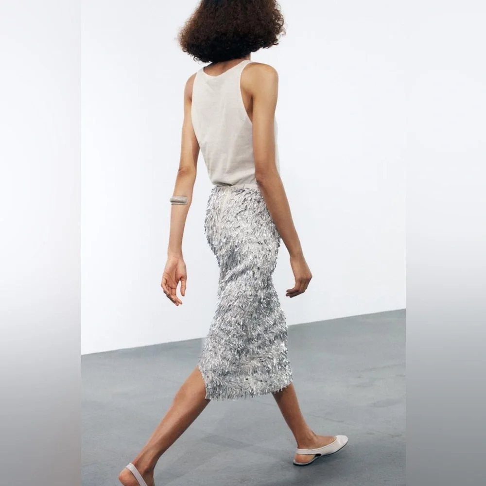 ZARA SEQUIN MIDI SKIRT - Picture 6 of 9